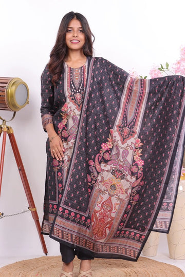 Premium Black Muslin 3 - Piece Suit with Intricate Ethnic Prints - Qurbat