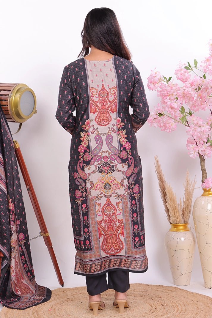 Premium Black Muslin 3 - Piece Suit with Intricate Ethnic Prints - Qurbat