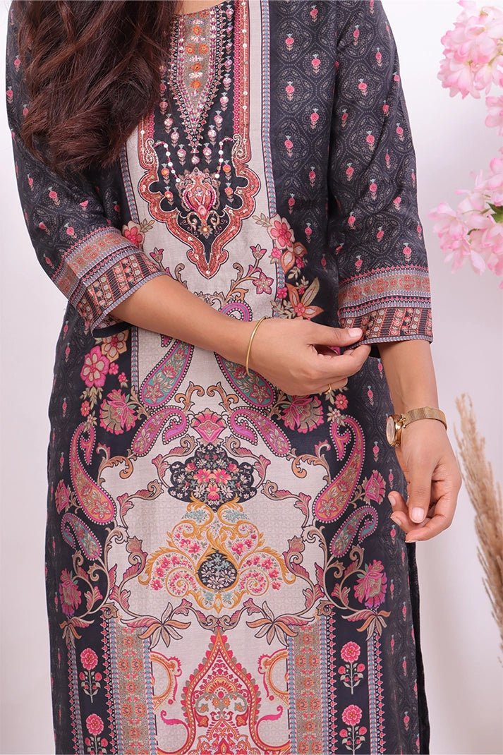 Premium Black Muslin 3 - Piece Suit with Intricate Ethnic Prints - Qurbat
