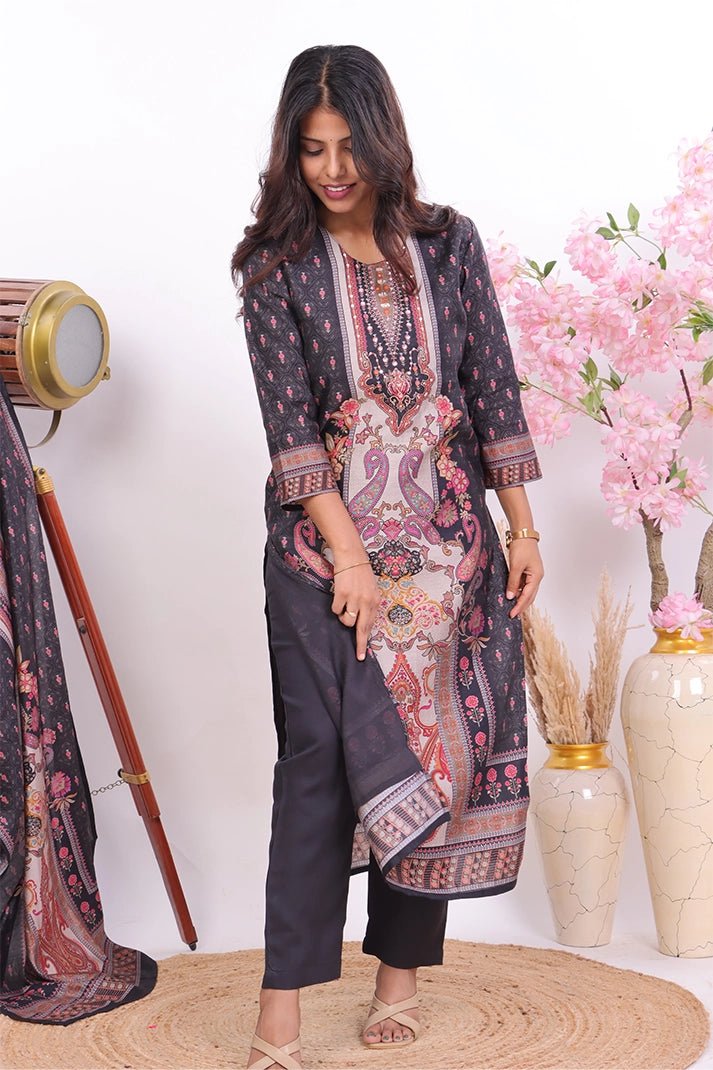 Premium Black Muslin 3 - Piece Suit with Intricate Ethnic Prints - Qurbat