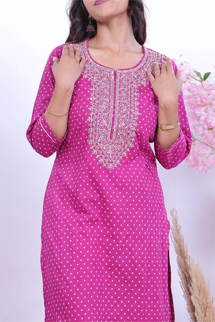Premium Cotton Purple Suit with Traditional Embroidery & Bandhani Print Dupatta - Qurbat