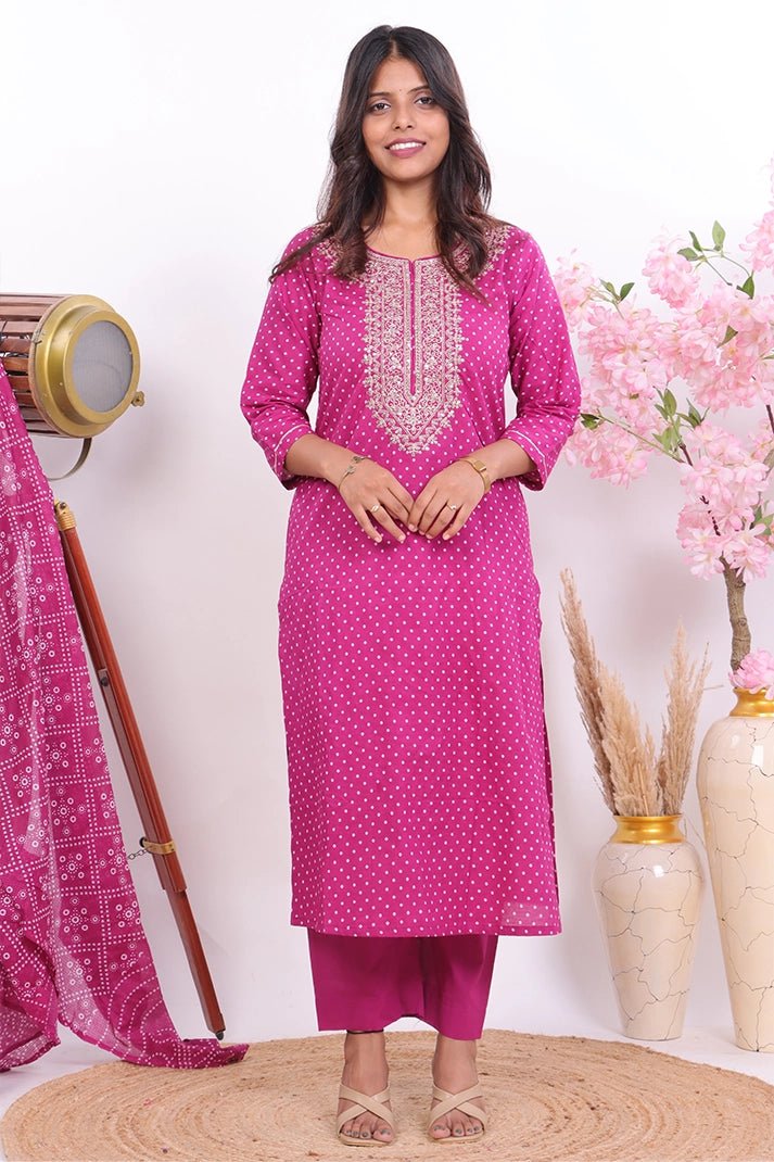 Premium Cotton Purple Suit with Traditional Embroidery & Bandhani Print Dupatta - Qurbat