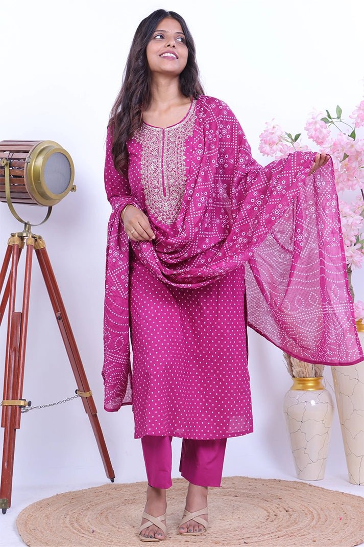 Premium Cotton Purple Suit with Traditional Embroidery & Bandhani Print Dupatta - Qurbat