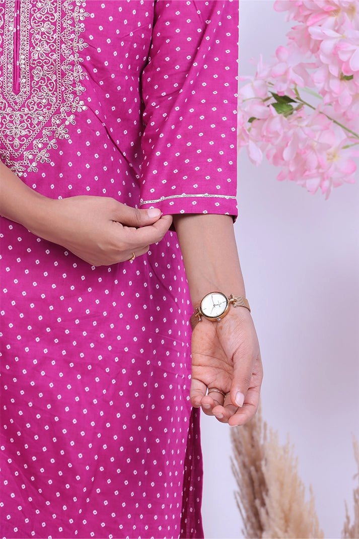Premium Cotton Purple Suit with Traditional Embroidery & Bandhani Print Dupatta - Qurbat