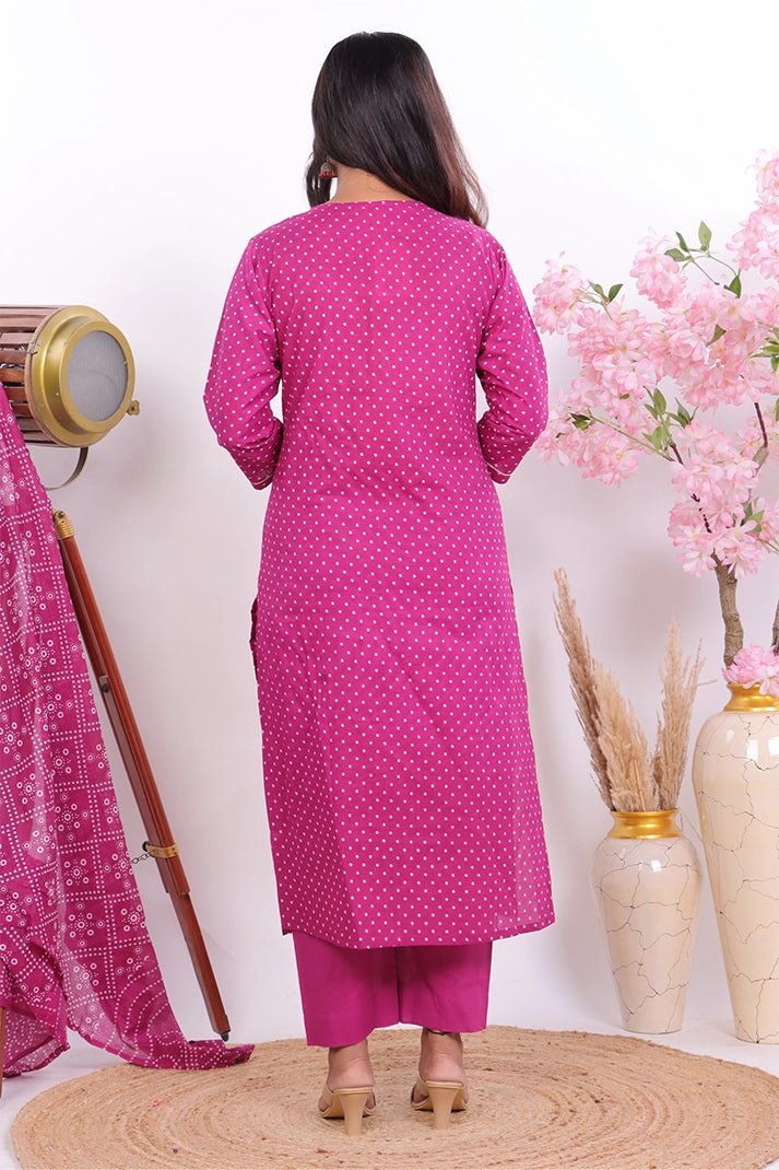 Premium Cotton Purple Suit with Traditional Embroidery & Bandhani Print Dupatta - Qurbat
