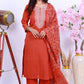 Premium Cotton Rust Suit with Traditional Embroidery & Bandhani Print Dupatta - Qurbat