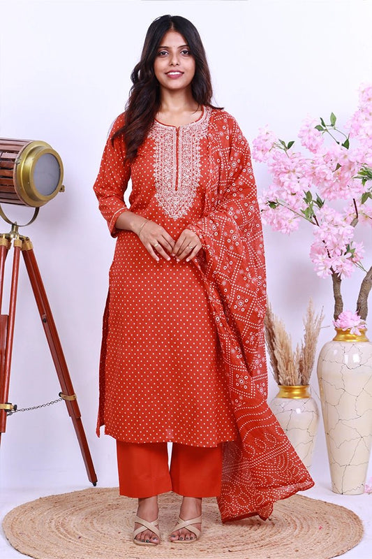 Premium Cotton Rust Suit with Traditional Embroidery & Bandhani Print Dupatta - Qurbat