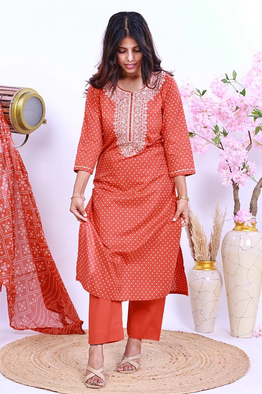 Premium Cotton Rust Suit with Traditional Embroidery & Bandhani Print Dupatta - Qurbat