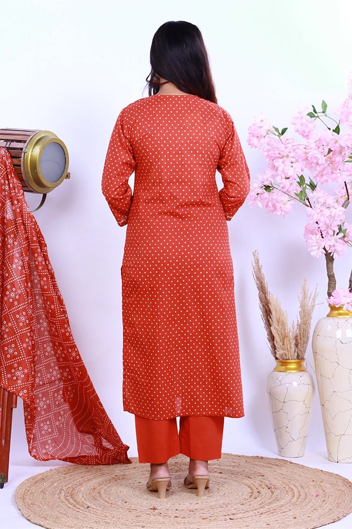 Premium Cotton Rust Suit with Traditional Embroidery & Bandhani Print Dupatta - Qurbat