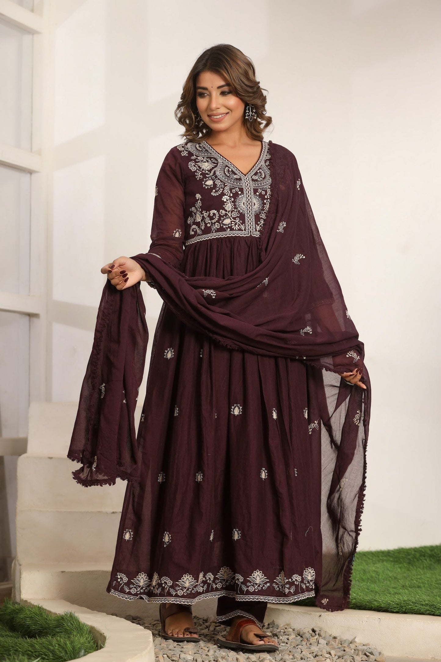Purple Embroidered Cotton Suit Set - Qurbat
