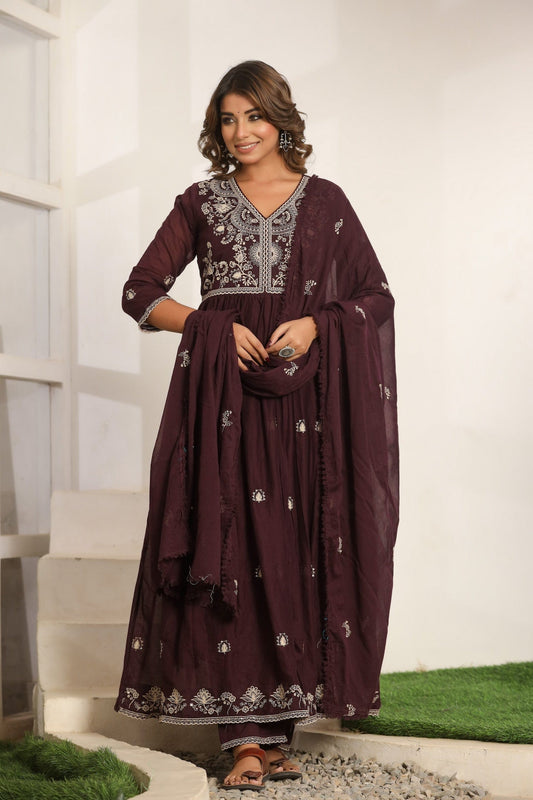 Purple Embroidered Cotton Suit Set - Qurbat