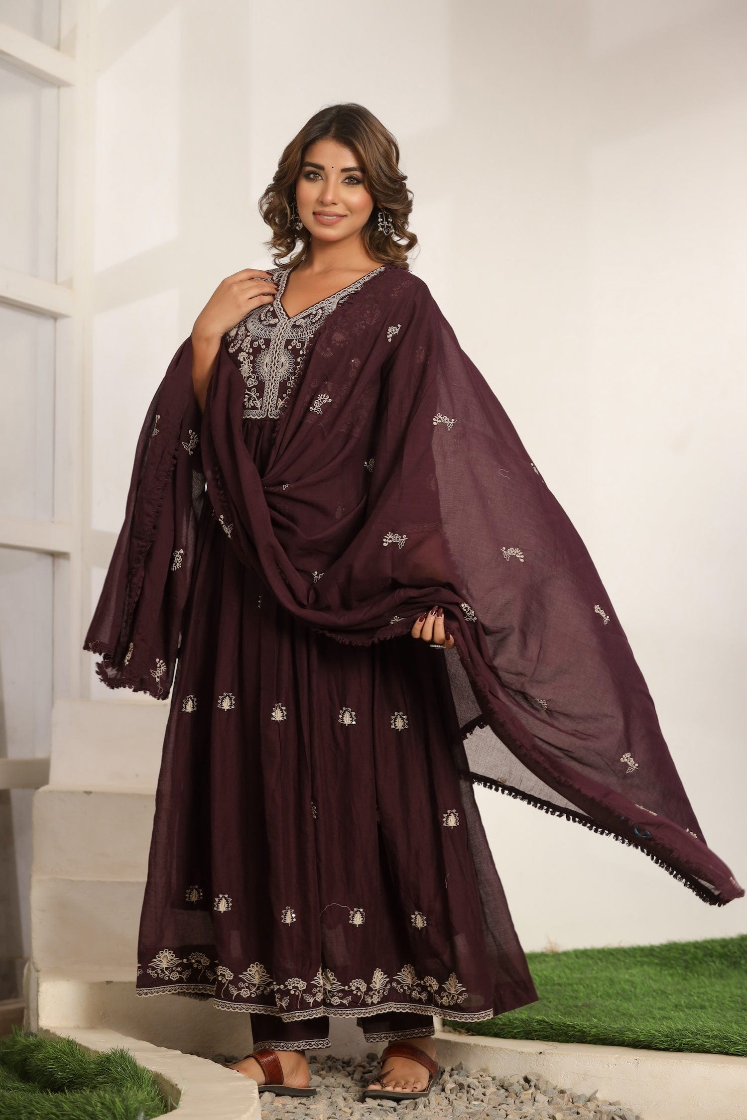 Purple Embroidered Cotton Suit Set - Qurbat