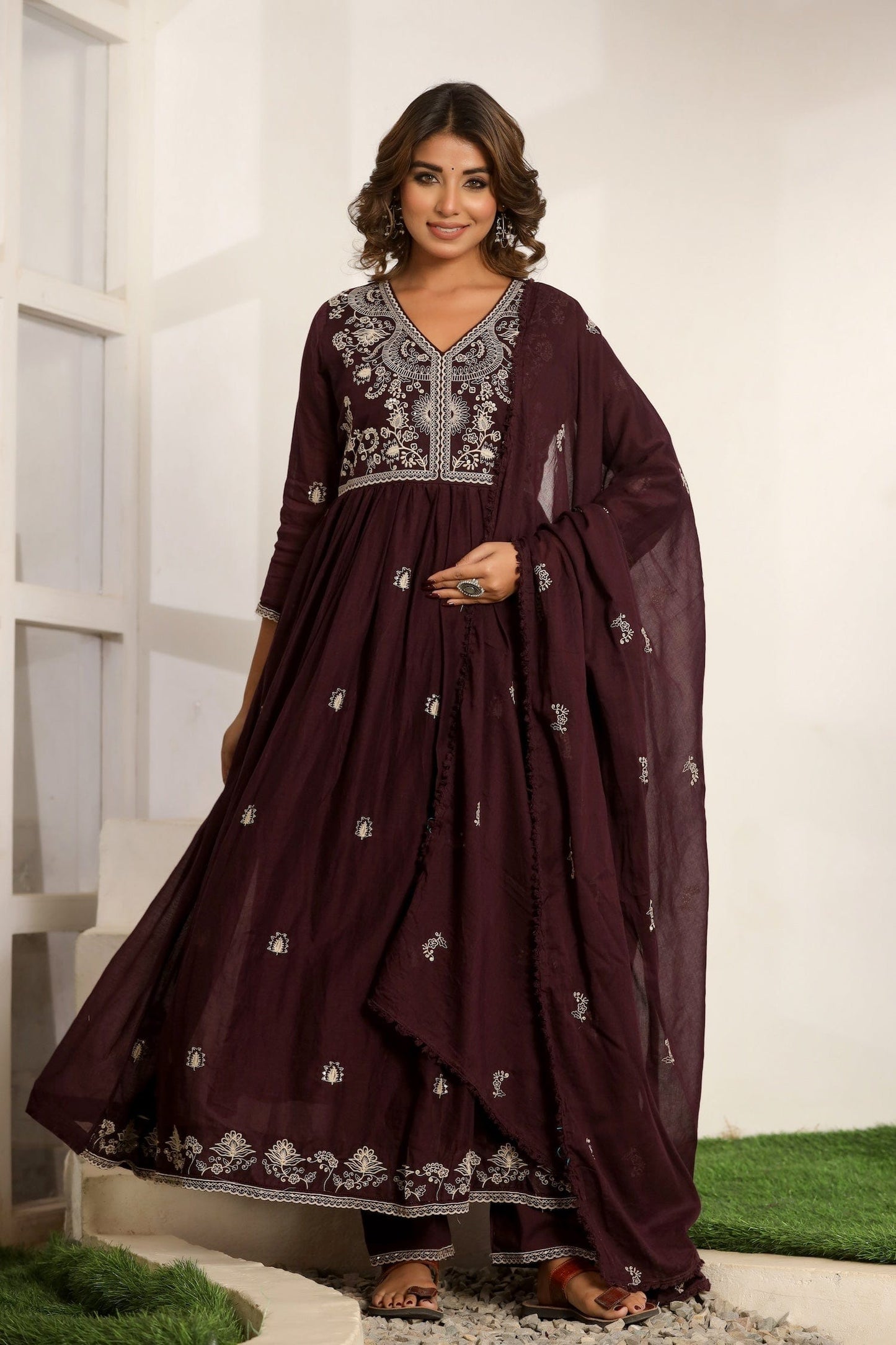 Purple Embroidered Cotton Suit Set - Qurbat