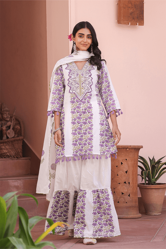 Purple Floral Mirror Work Sharara Set - Qurbat