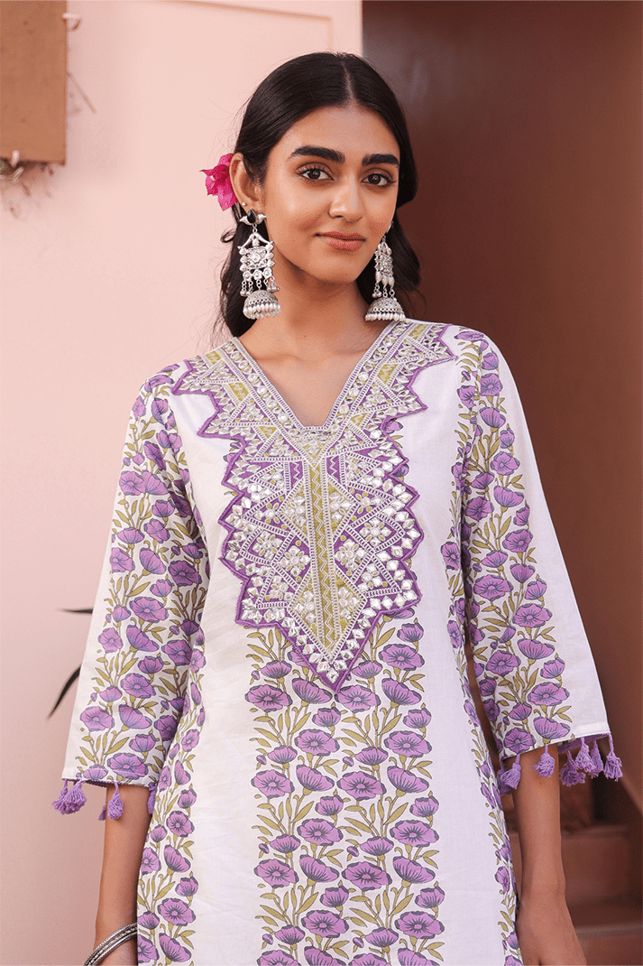 Purple Floral Mirror Work Sharara Set - Qurbat