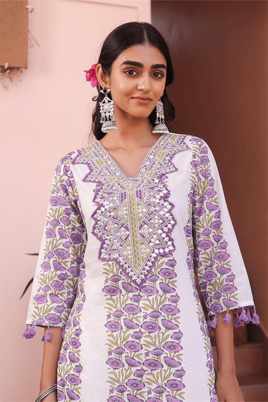 Purple Floral Mirror Work Sharara Set - Qurbat