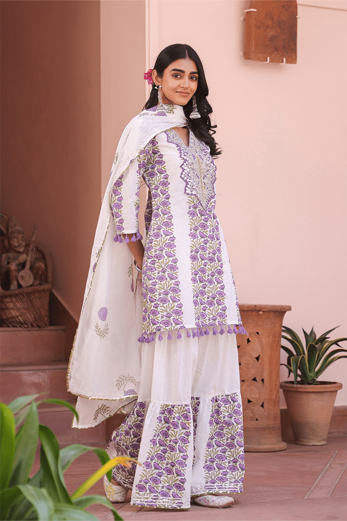 Purple Floral Mirror Work Sharara Set - Qurbat