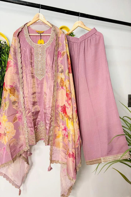 Purple Premium 3PC Ethnic Set with Embroidered Kurta & Floral Dupatta - Qurbat