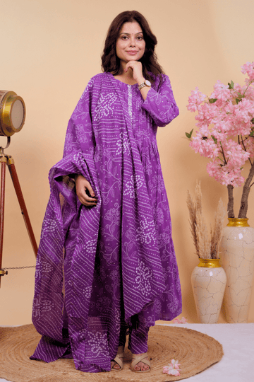 Purple Radiance Handcrafted Bandhani Kurta Set - Qurbat