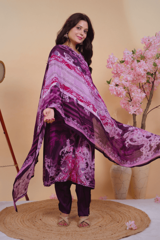 Qurbat Signature Muslin Suit – Plum Perfection in Every Thread - Qurbat