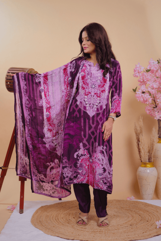Qurbat Signature Muslin Suit – Plum Perfection in Every Thread - Qurbat