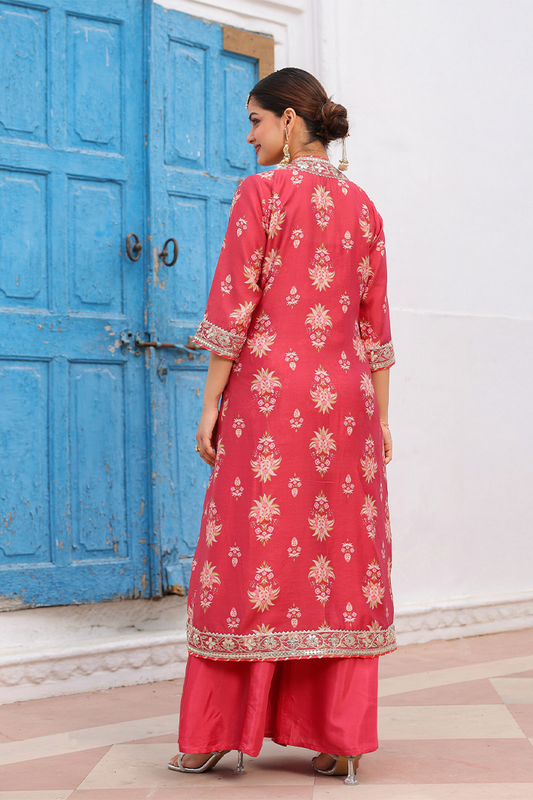 Coral Chanderi Silk Floral Printed Shrug Set
