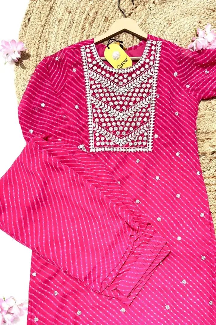 Rani Pink Festive Striped Suit Set with Intricate Gota Embroidery - Qurbat