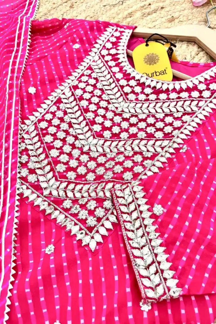 Rani Pink Festive Striped Suit Set with Intricate Gota Embroidery - Qurbat