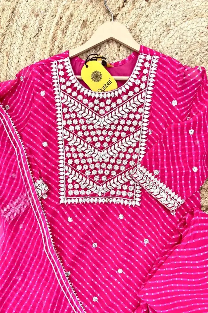 Rani Pink Festive Striped Suit Set with Intricate Gota Embroidery - Qurbat