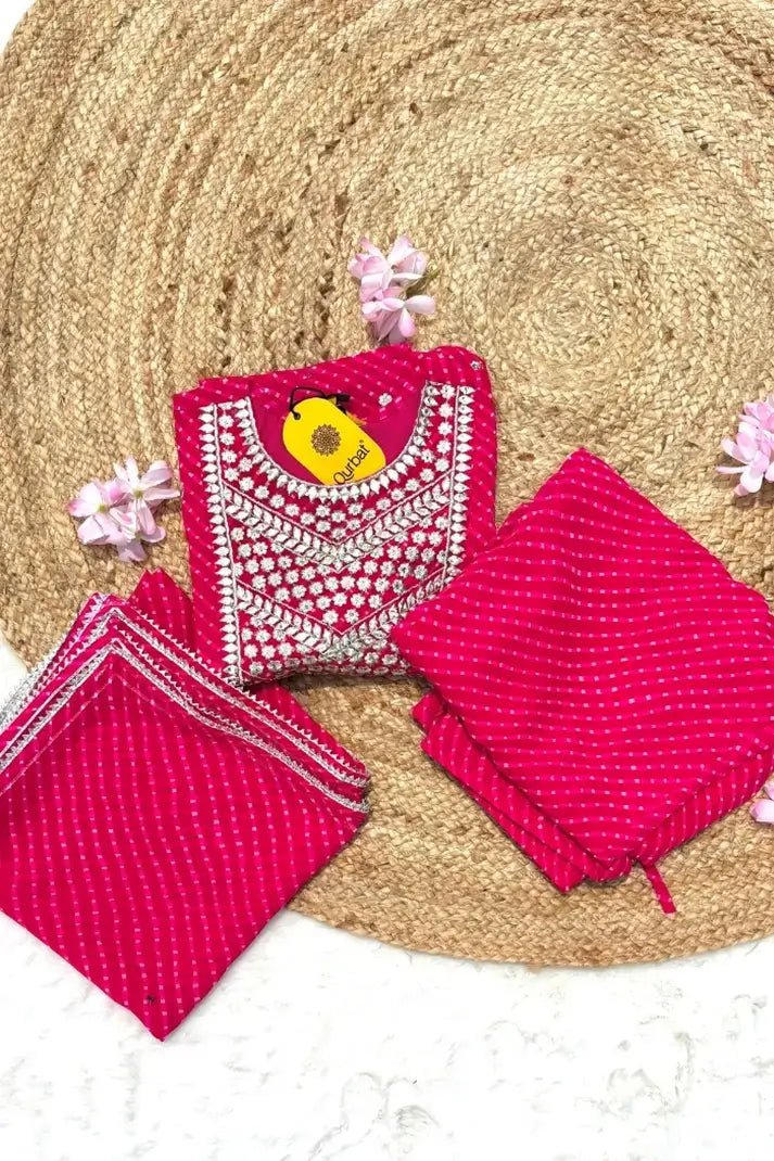 Rani Pink Festive Striped Suit Set with Intricate Gota Embroidery - Qurbat