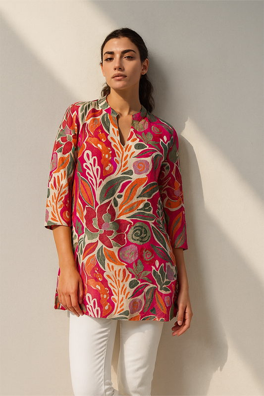 Vibrant Pink Floral Muslin Short Kurti – Bold, Breezy & Beautiful