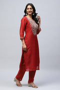 Red Printed Suit Set for Women with Hand Embroidery - Qurbat