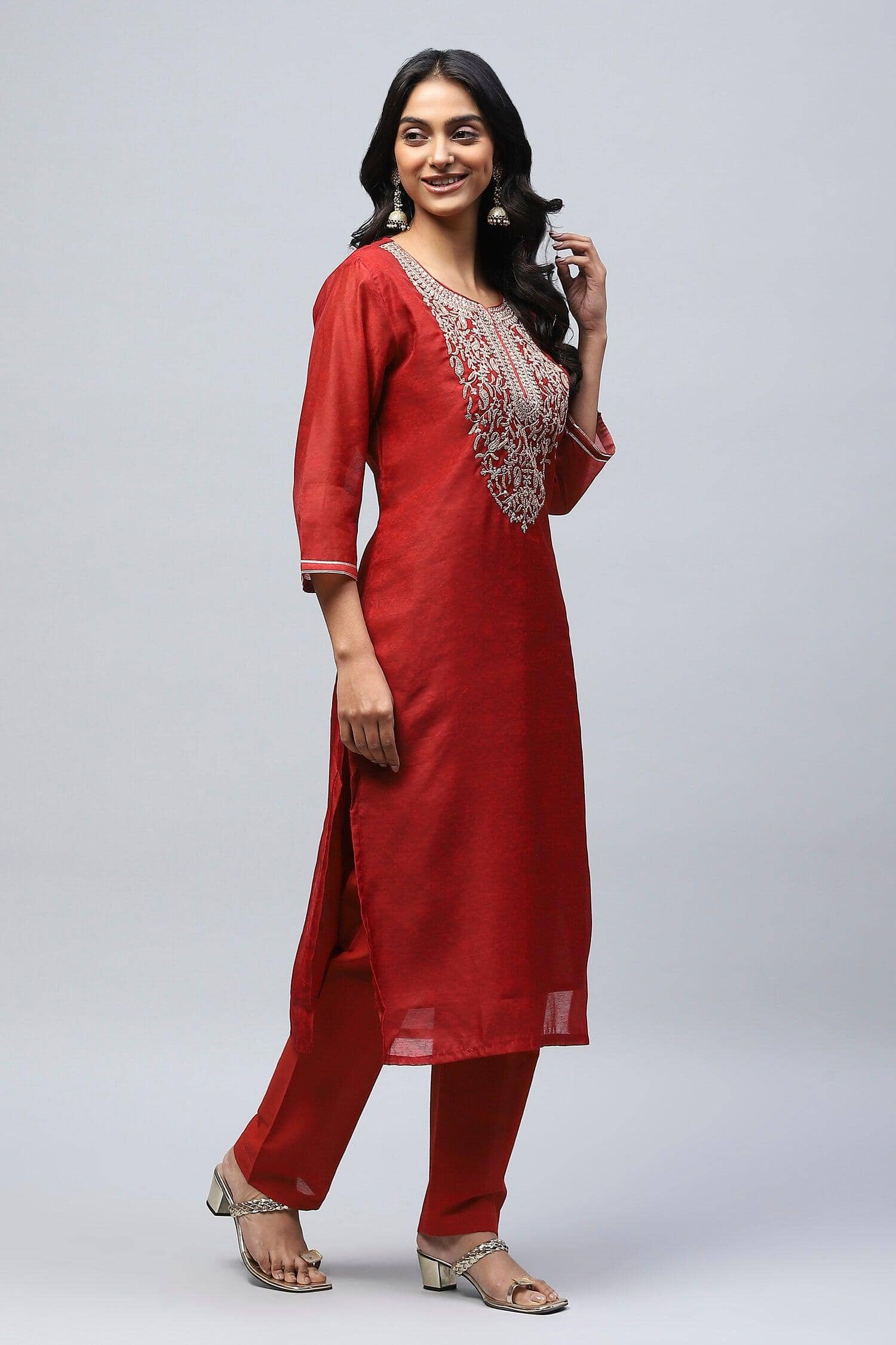 Red Printed Suit Set for Women with Hand Embroidery - Qurbat