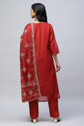 Red Printed Suit Set for Women with Hand Embroidery - Qurbat