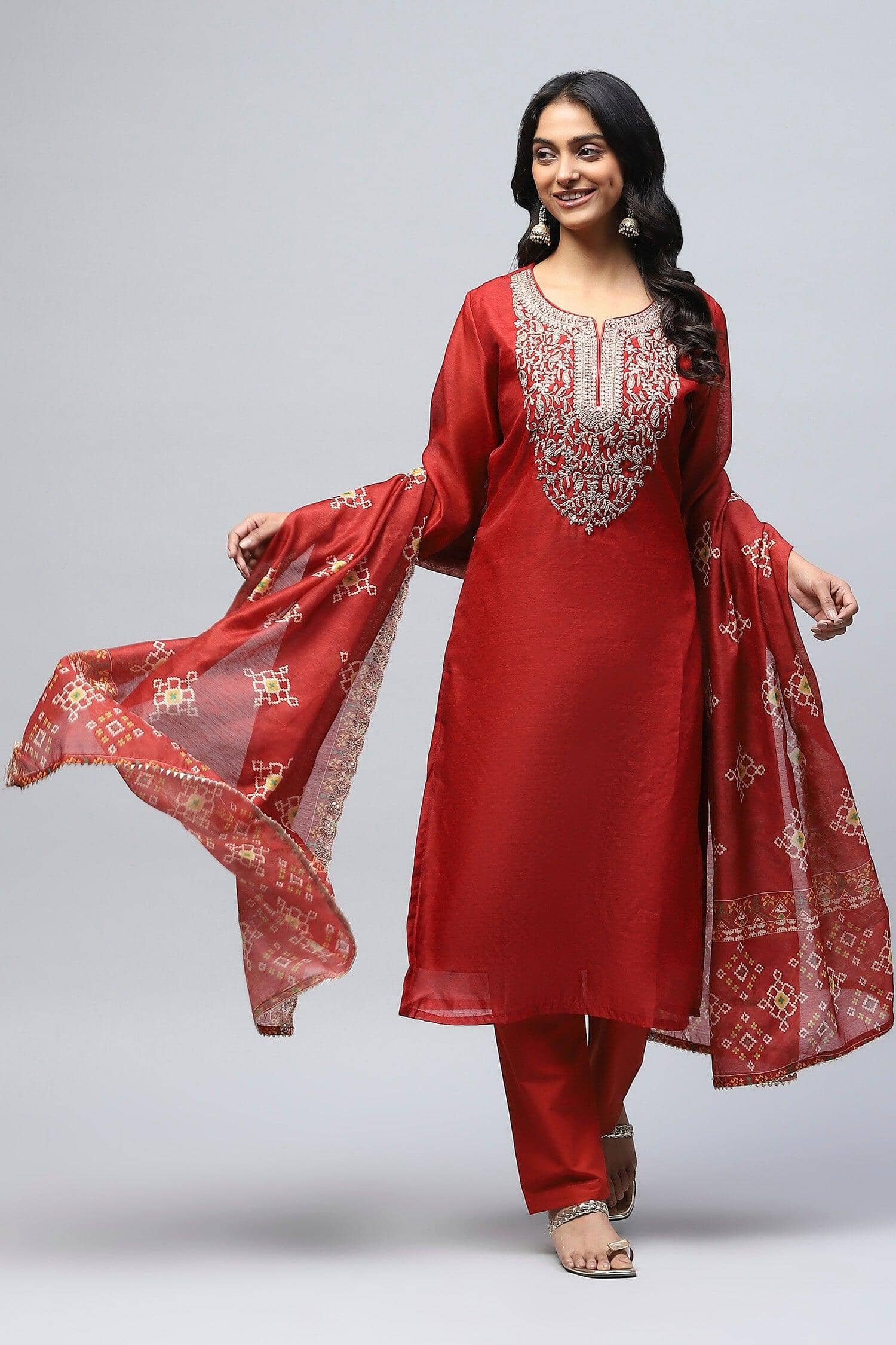 Red Printed Suit Set for Women with Hand Embroidery - Qurbat
