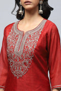 Red Printed Suit Set for Women with Hand Embroidery - Qurbat