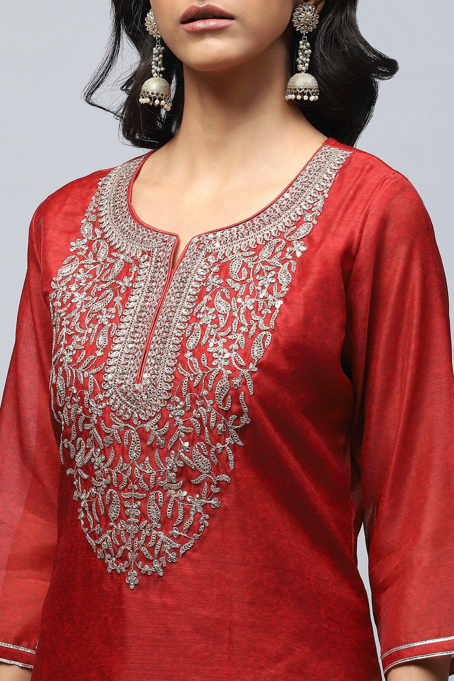 Red Printed Suit Set for Women with Hand Embroidery - Qurbat