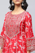 Red Rayon Printed Suite Set For Women - Qurbat