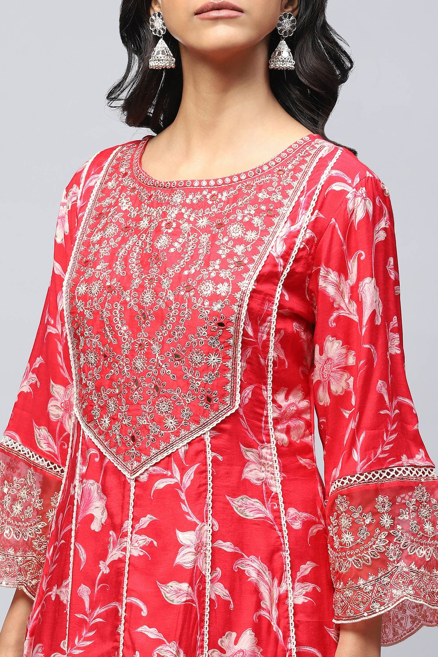 Red Rayon Printed Suite Set For Women - Qurbat