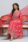 Red Rayon Printed Suite Set For Women - Qurbat