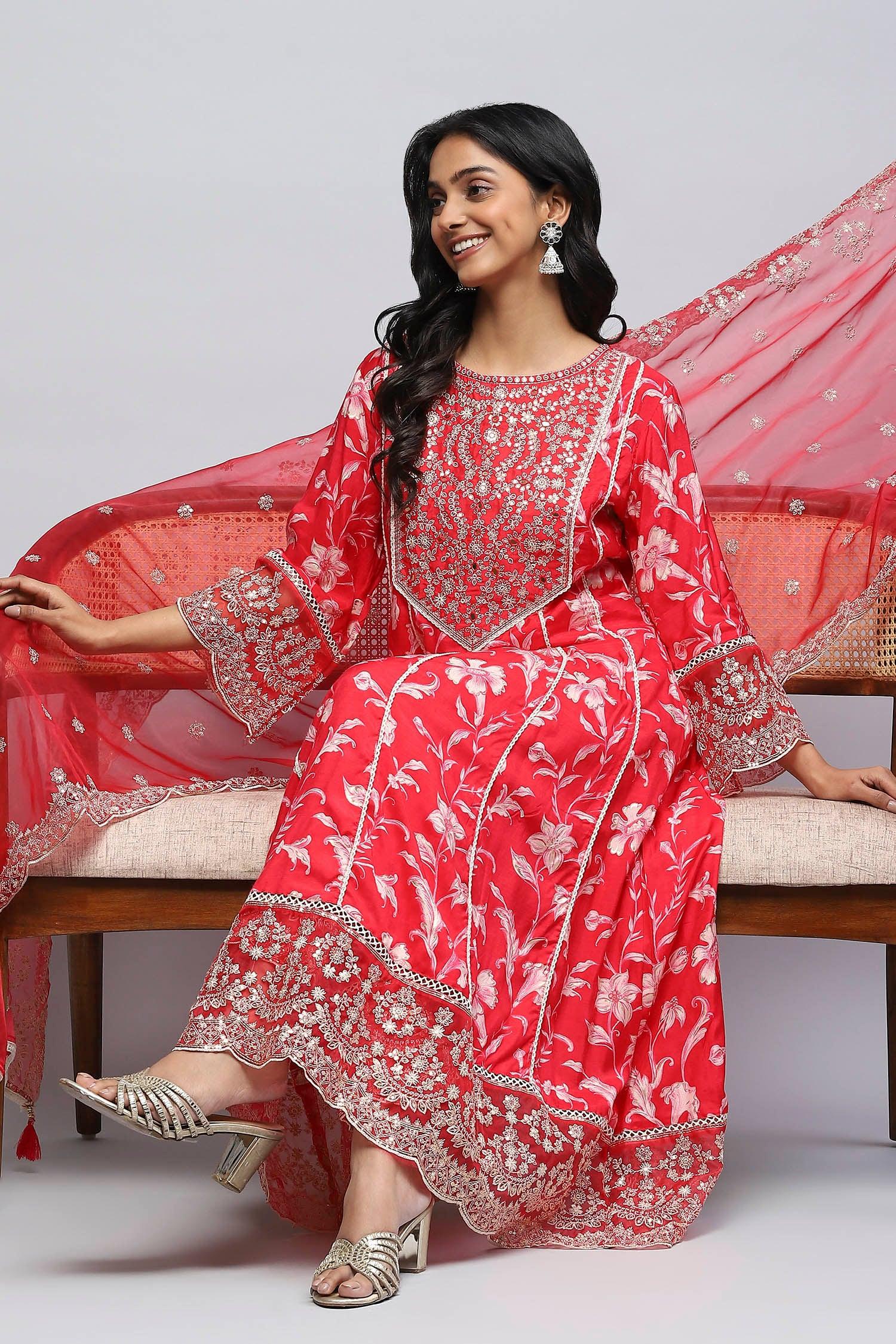 Red Rayon Printed Suite Set For Women - Qurbat