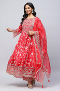 Red Rayon Printed Suite Set For Women - Qurbat