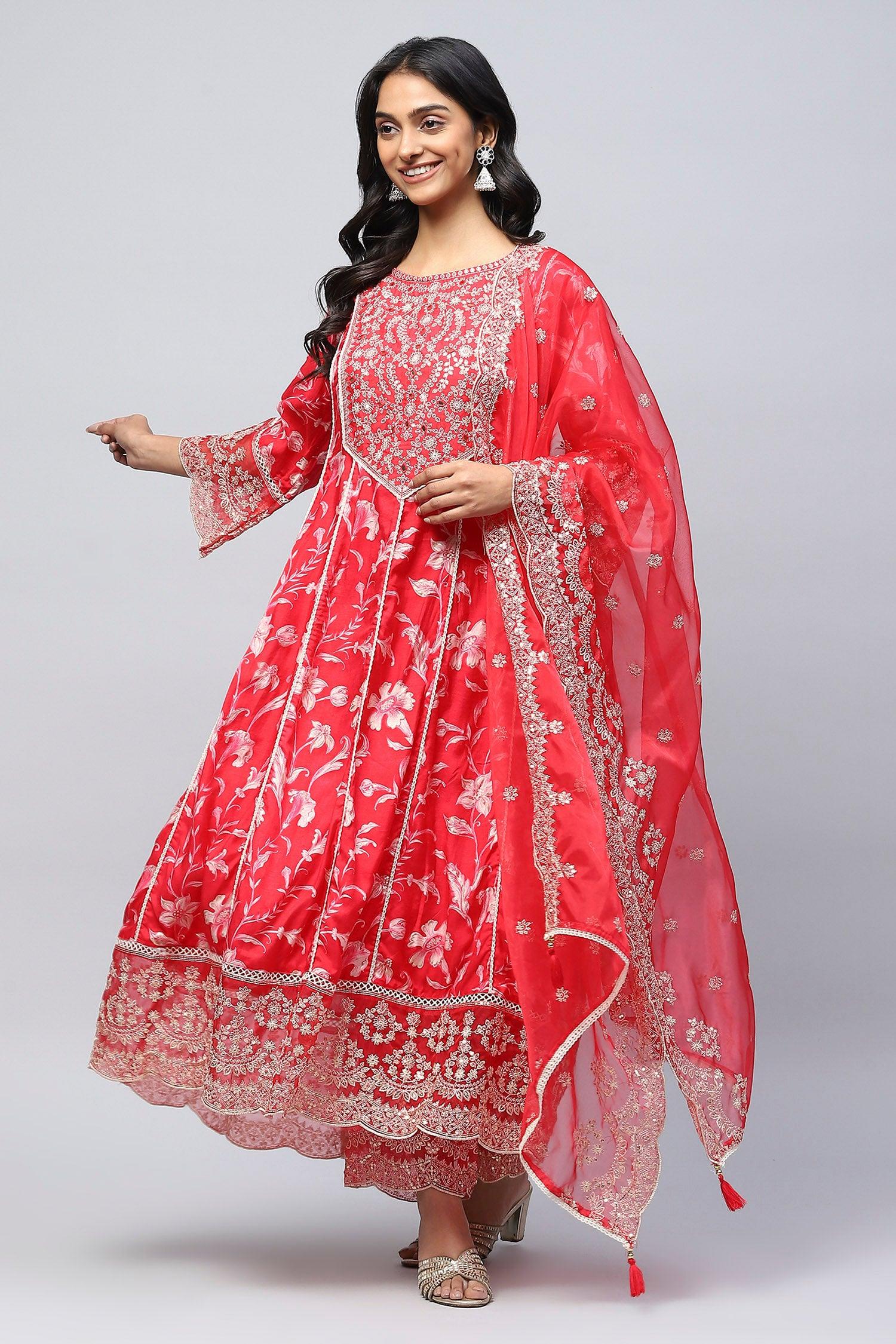 Red Rayon Printed Suite Set For Women - Qurbat