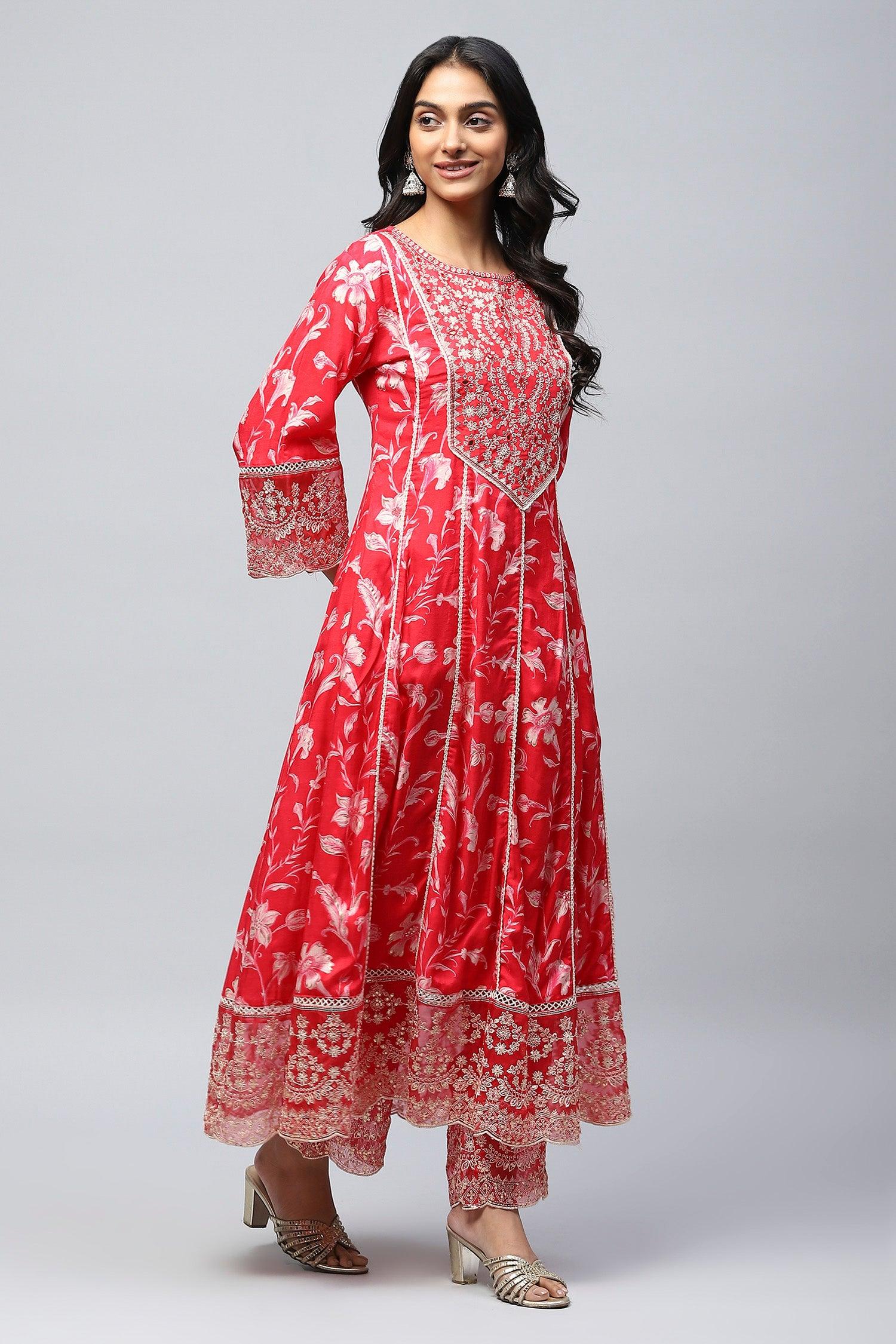 Red Rayon Printed Suite Set For Women - Qurbat