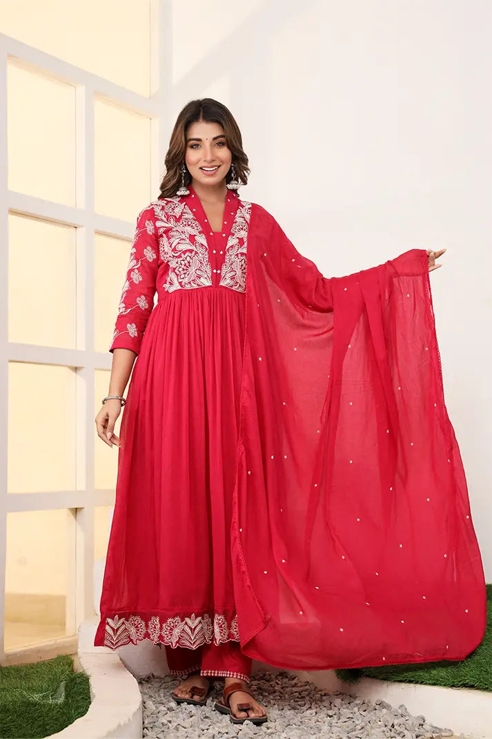 Crimson Red Embroidered Anarkali Suit Set with Dupatta