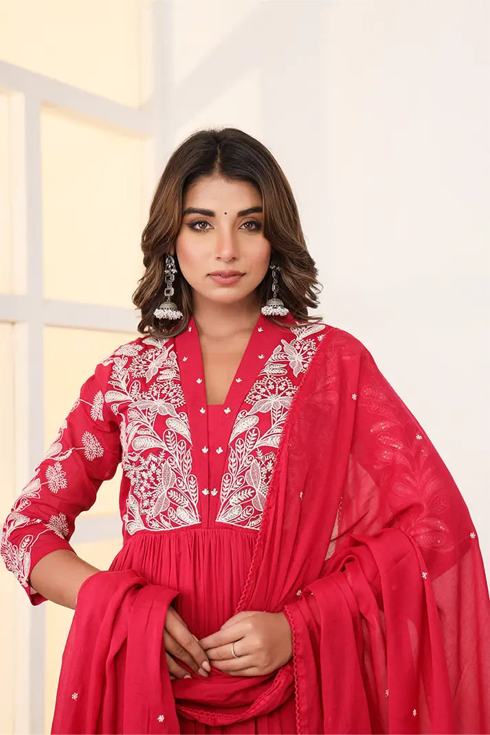 Crimson Red Embroidered Anarkali Suit Set with Dupatta