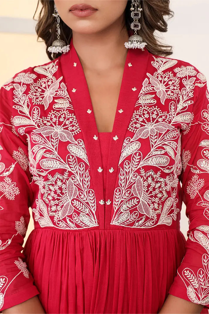 Crimson Red Embroidered Anarkali Suit Set with Dupatta