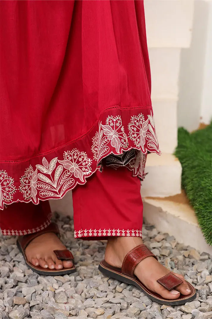 Crimson Red Embroidered Anarkali Suit Set with Dupatta