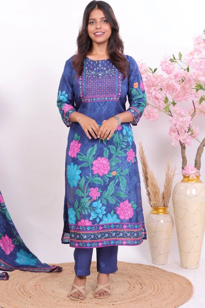 Royal Blue Muslin Floral Embellished Kurta Set - Qurbat