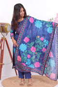 Royal Blue Muslin Floral Embellished Kurta Set - Qurbat